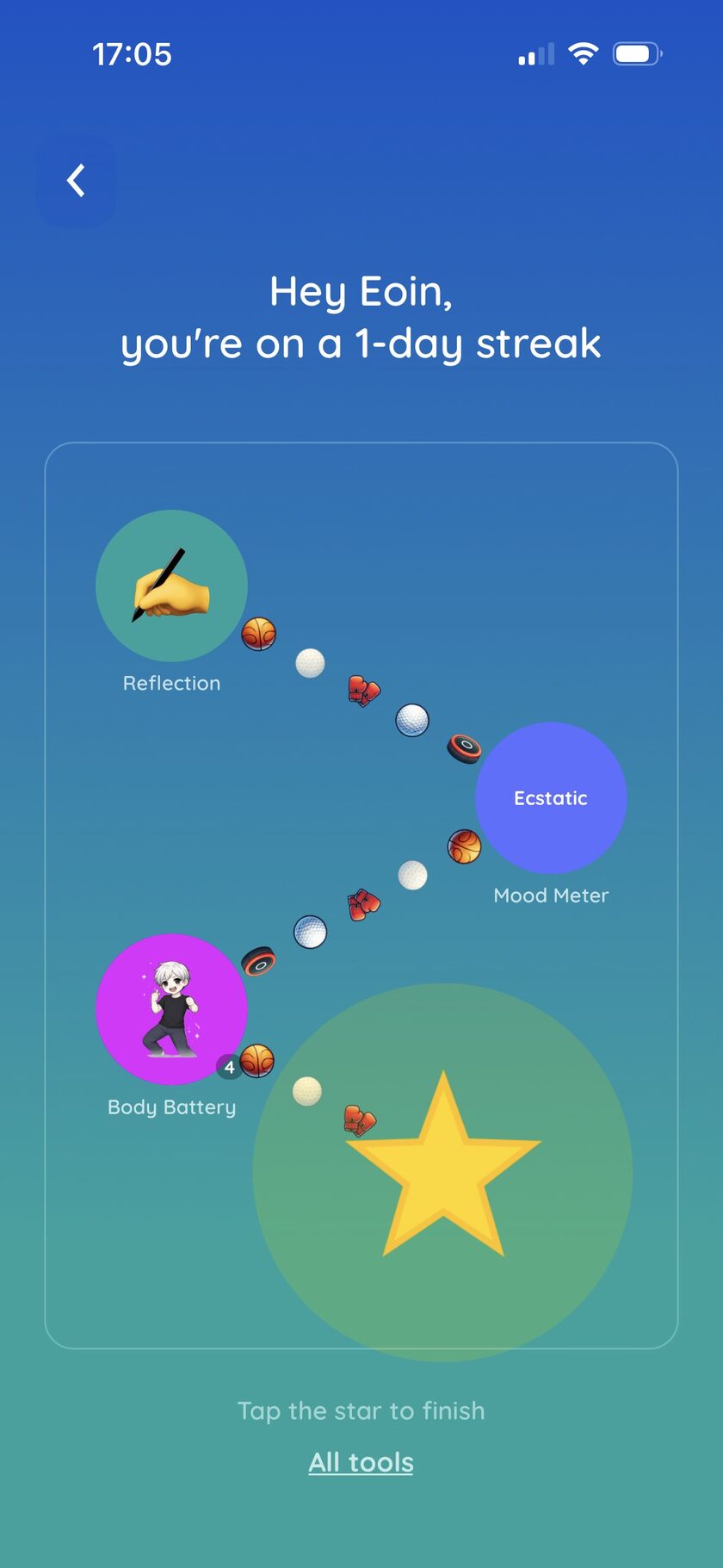 HeadCoach daily check-in screen showing the reflection, mood meter, body battery, and star completion steps.