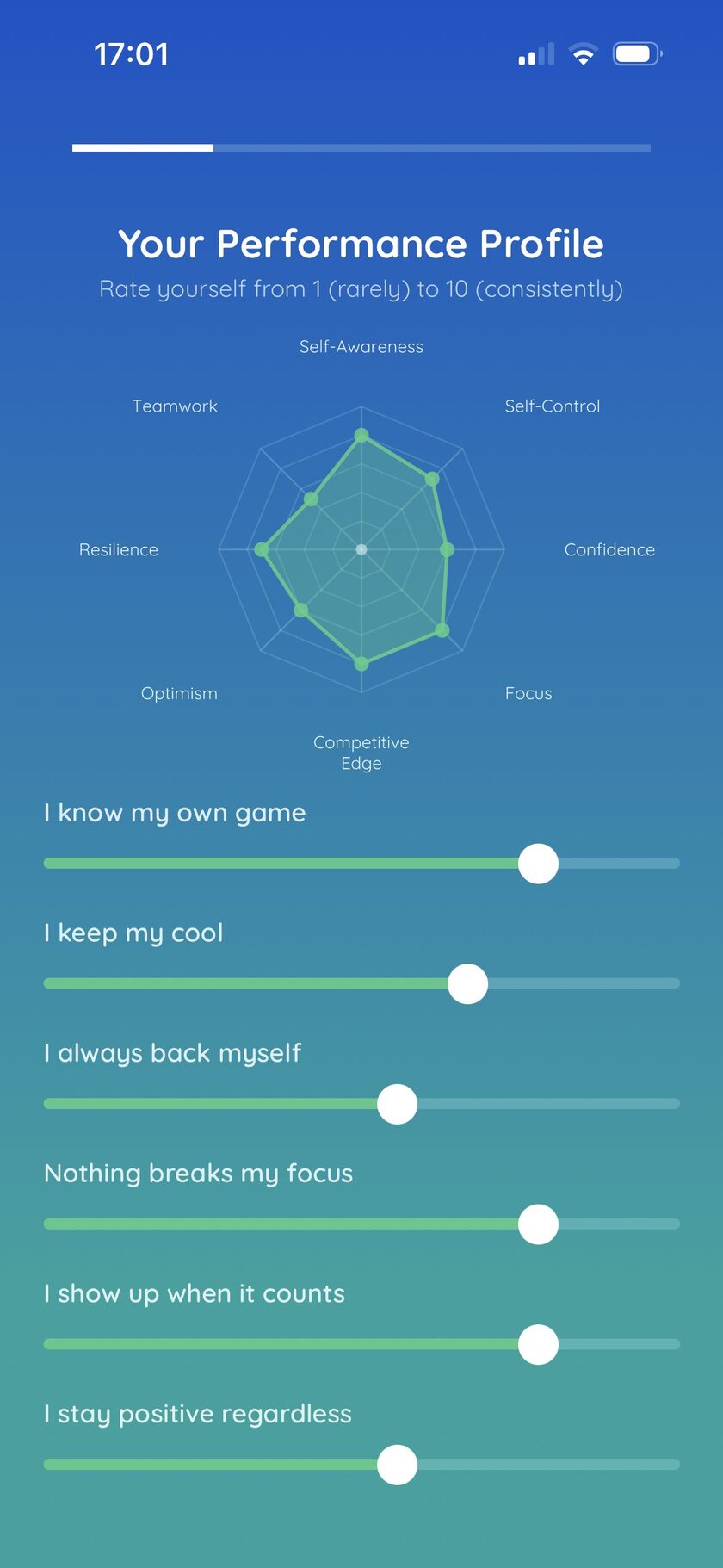 Athlete performance profile in the HeadCoach app showing all eight mental skills plotted on a radar chart.